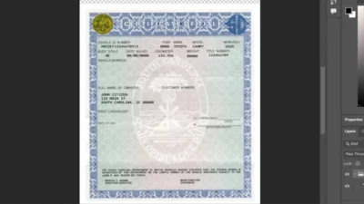 South Carolina certificate of title of a vehicle (car title) template in PSD format, fully editable, front and back