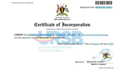 Uganda CRISWILLS ENGINEERING & TECHNICAL SERVICES LTD Certificate of Incorporation Word And PDF Template