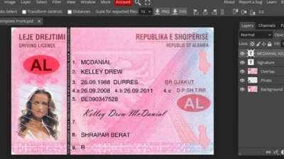 Albania driving license template in PSD format, with all fonts
