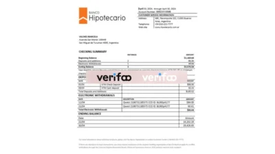 Argentina Banco Hipotecario Bank Statement Template in word and pdf format