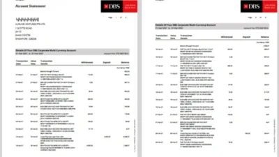 Singapore DBS Corporate Multi-Currency Account Statement Template in word and pdf format