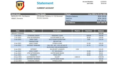 Romania Banca Transilvania Bank Statement Word And PDF Template Version 2