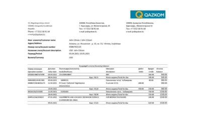 Kazakhstan Qazkom Bank Statement Excel And PDF Template