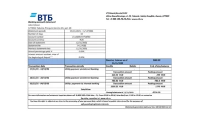 Russia VTB Bank Statement Excel And PDF Template