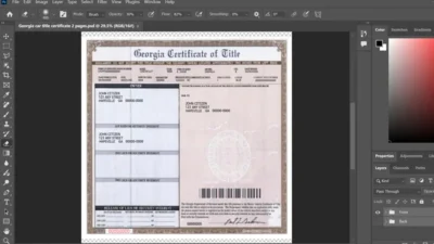 Georgia certificate of title of a vehicle (car title) template in PSD format Latest Version