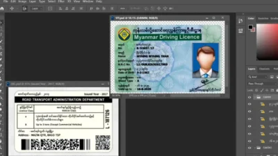 Myanmar driving license template in PSD format, with all fonts