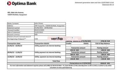 Kyrgyzstan Optima Bank Statement Excel And PDF Template