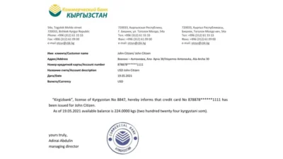Kyrgyzstan Kirgizbank Bank Reference Letter Template