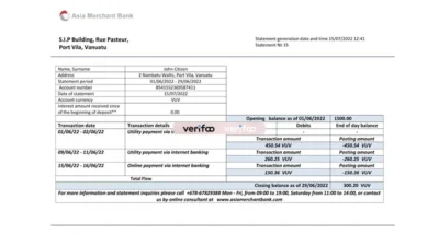 Vanuatu Asia Merchant Bank Statement Template