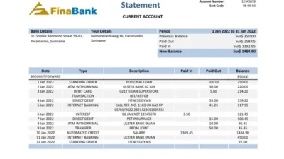 Suriname Finabank Bank Statement Template In Word And PDF Format