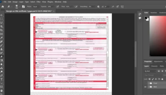 Georgia certificate of title of a vehicle (car title) template in PSD format Latest Version