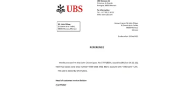 Monaco UBS Bank Reference Letter Template Version 2