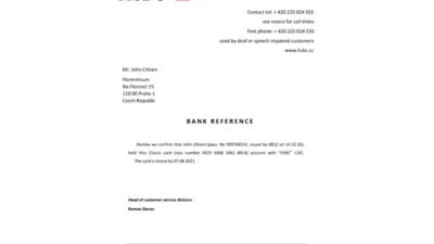 Czech HSBC Bank Account Reference Letter Template