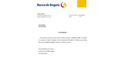 Colombia Banco de Bogotá Bank Reference Letter Template
