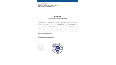Laos Joint Development Bank Reference Letter Template