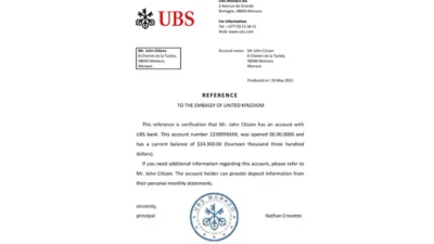 Monaco UBS Bank Reference Letter Template