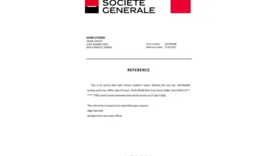 France Société Générale Bank Reference Letter Template