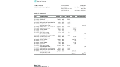 Russia Zenit Bank Statement Excel And PDF Template