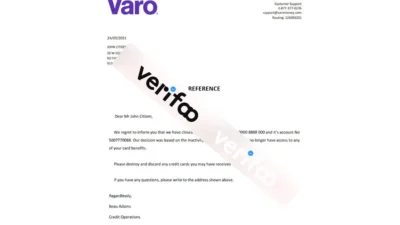 USA Varo bank account reference letter Template in Word and PDF format