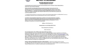 USA City Of Flint Michigan Notice To Occupant Water Utility Bill Shutoff Notice Word And PDF Template