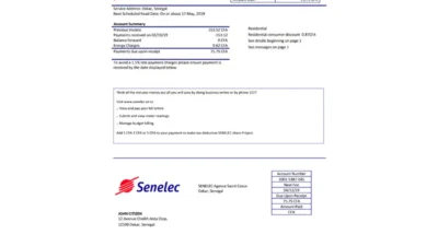 Senegal Senelec Agence Sacre Coeur Company electricity utility bill template