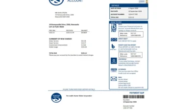 Australia Hunter Water utility bill Word And PDF Template