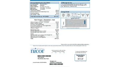USA Illinois Nicor Gas Utility Bill Word And PDF Template