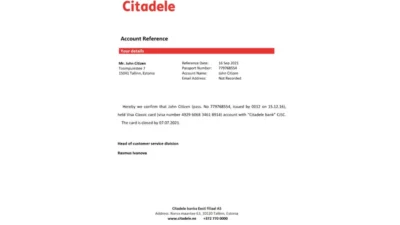 Estonia Citadele banka Eesti filiaal AS Bank Reference Letter Template