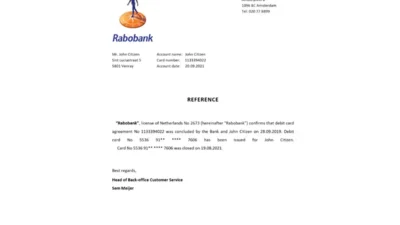 Netherlands Rabobank Bank Reference Letter Template