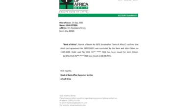 Benin Bank of Africa Bank Reference Letter Template