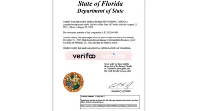 United States Florida Company Certificate Template in Word and PDF Format