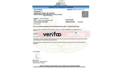 Zambia Tax Clearance Certificate Template in Word And PDF Format