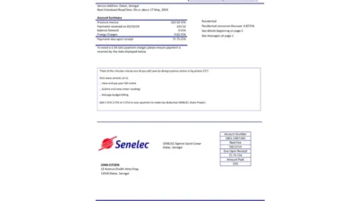 Senegal Senelec Agence Sacré Coeur Company Electricity Utility Bill Word And PDF Template