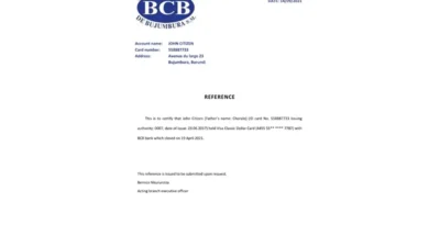Burundi Credit Bank of Bujumbura Bank Reference Letter Template
