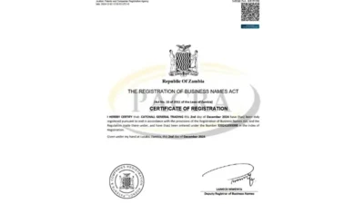 Zambia Certificate of Business Registration Template in Word And PDF Format