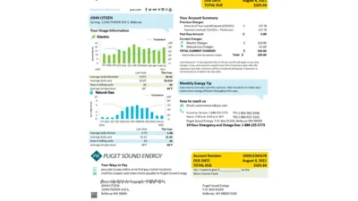 USA Washington Puget Sound Energy utility bill template in Word and PDF format