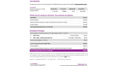 Singapure Myrepublic Tax Invoice PDF Template