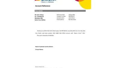 Bolivia Banco Union Bank Reference Letter Template