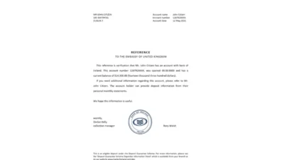 Ireland Bank of Ireland Account Balance Bank Reference Letter Template