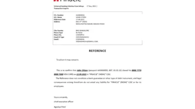 India Finacle Bank Reference Letter Template
