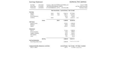 USA CBIZ Southern California Earnings Statement Word And PDF Template