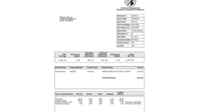 USA State of Washington Earnings and Deductions Statement Word And PDF Template (2 Pages)
