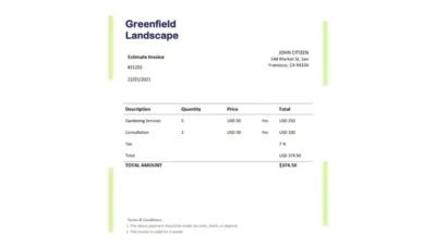 USA Greenfield Landscape invoice template in Word and PDF format