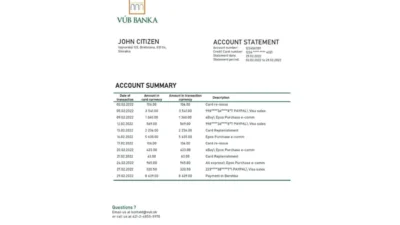 Slovakia VUB Bank Statement Template
