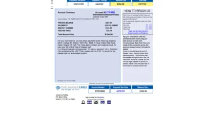 USA Time Warner Cabel utility bill Word and PDF template