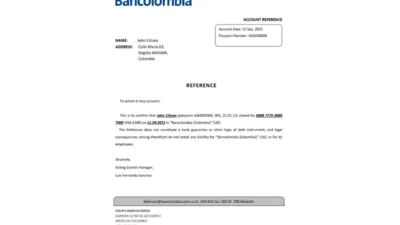 Colombia Bancolombia Bank Account Reference Letter Template