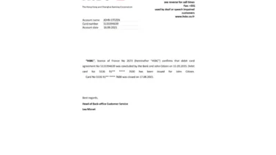 France HSBC Bank Account Reference Letter Template