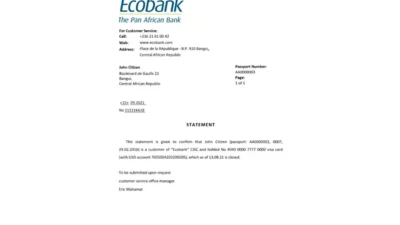 Central African Republic Ecobank Bank Reference Letter Template