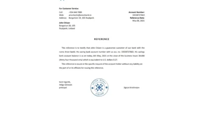 Iceland Arion Bank Reference Letter Template