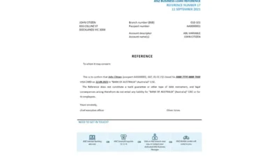 Australia ANZ bank Account Reference Letter Template